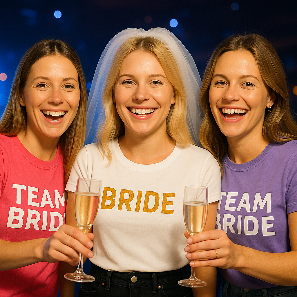 junggesellinnenabschied-bedrucktes-tshirt-leipzig Frauenpower pur: JGA mit einer fröhlichen Braut und ihrem Freundinnen-Team in Partylaune.